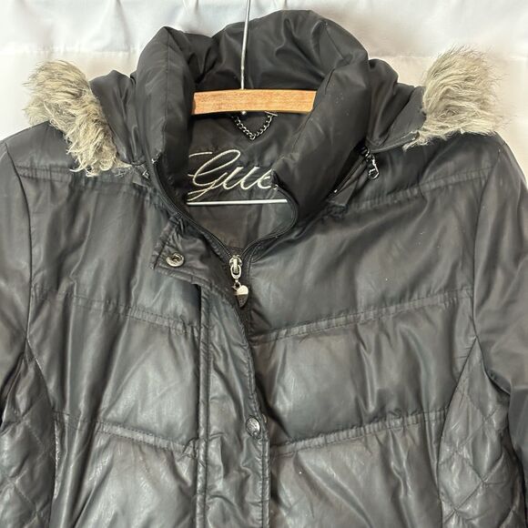 GUESS Puffer Black Quilted Jacket Size S Women's Full Zip Hooded Down Faux Fur - Picture 2 of 14